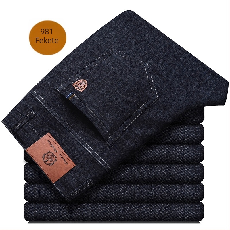Férfi farmernadrágok – Straight, vékony, mikroelasztikus, középmagas derekú, cipzárral (59% pamut denim)
