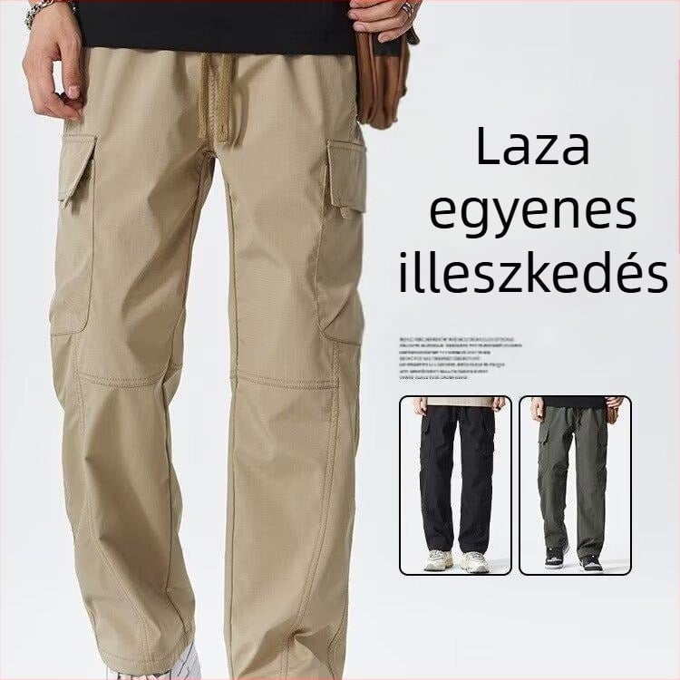 Férfi koreai stílusú edzőnadrág, laza szabás, középső derék, pamut-poliészter anyag