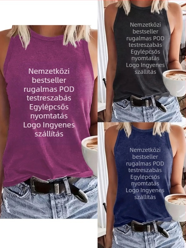 Női ujjatlan póló kerek nyakkal, pull-on stílus, poliészter- rayon keverék, szöveges/logó mintázat, középhosszú