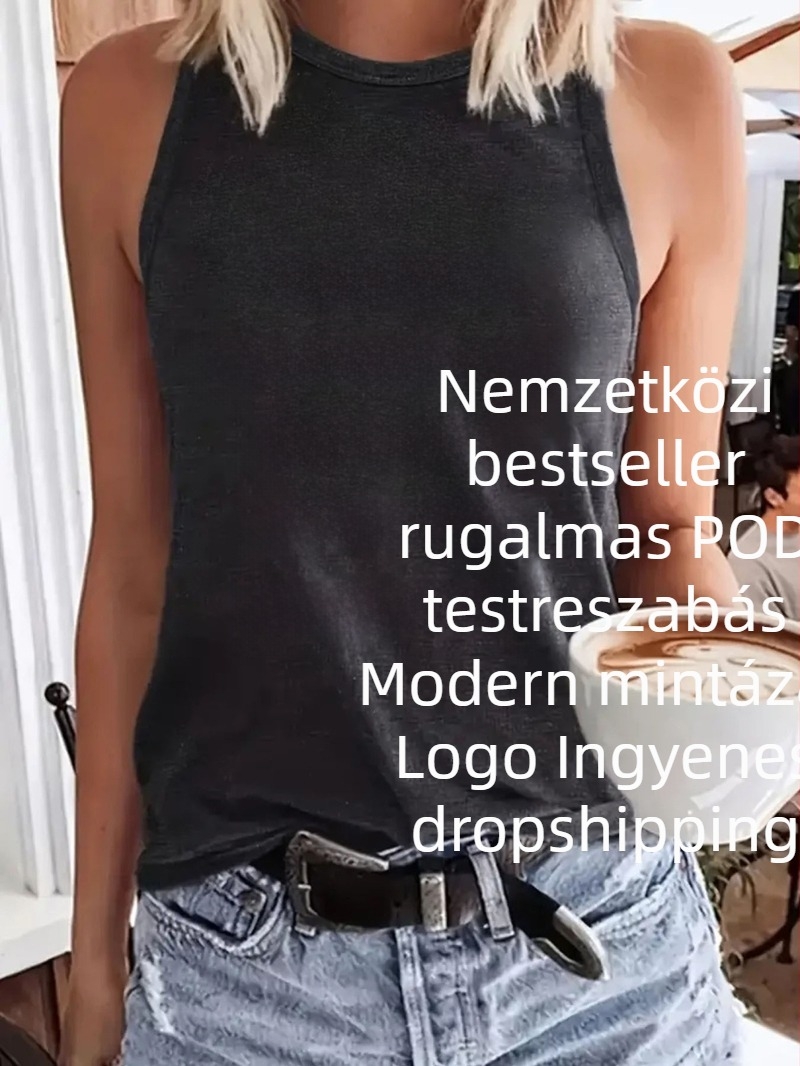 Női ujjatlan póló kerek nyakkal, pull-on stílus, poliészter- rayon keverék, szöveges/logó mintázat, középhosszú