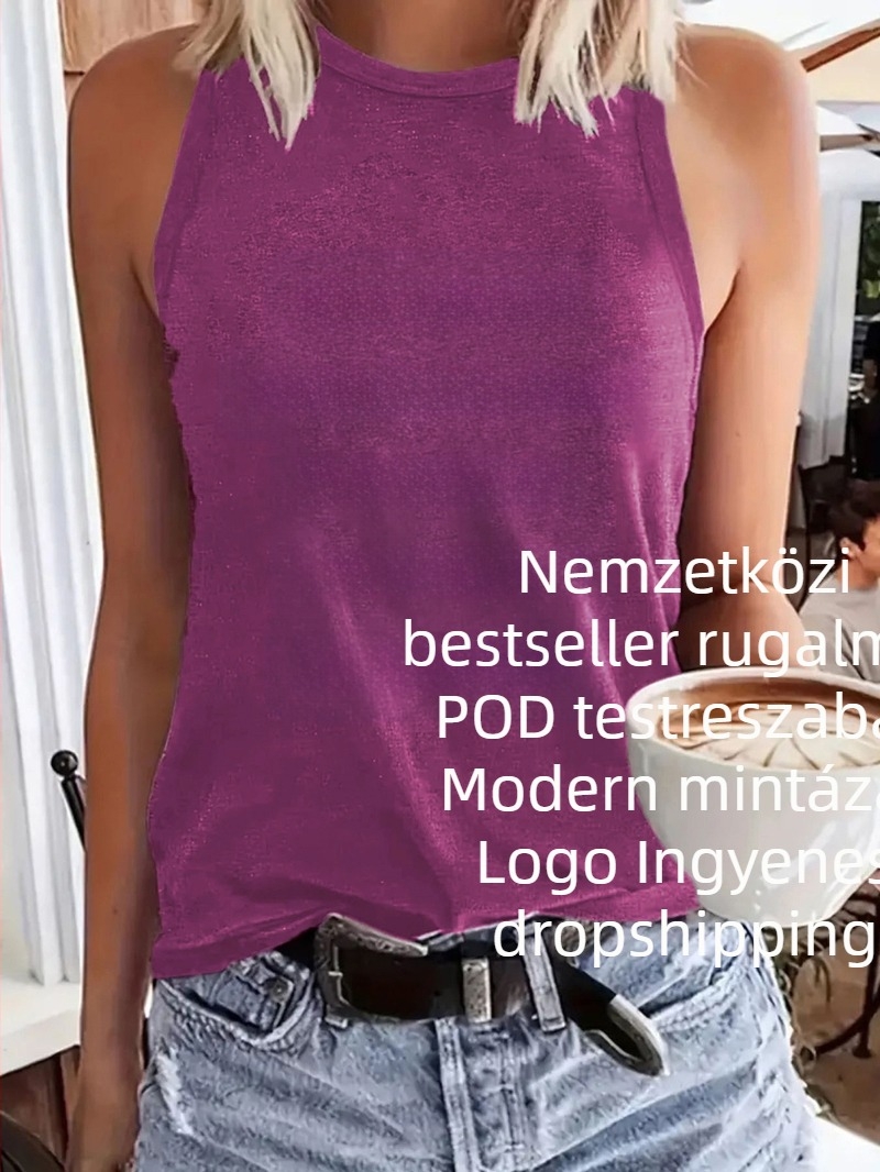 Női ujjatlan póló kerek nyakkal, pull-on stílus, poliészter- rayon keverék, szöveges/logó mintázat, középhosszú