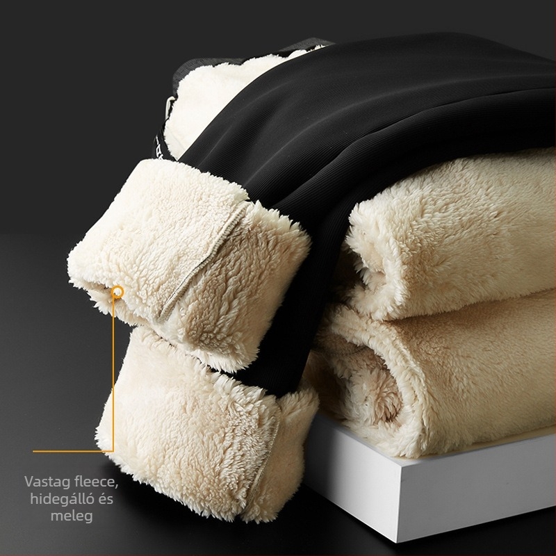 Férfi fleece-béléssel ellátott szabadidőnadrág, lazán szabott, egyenes szárú, vastag téli viselet