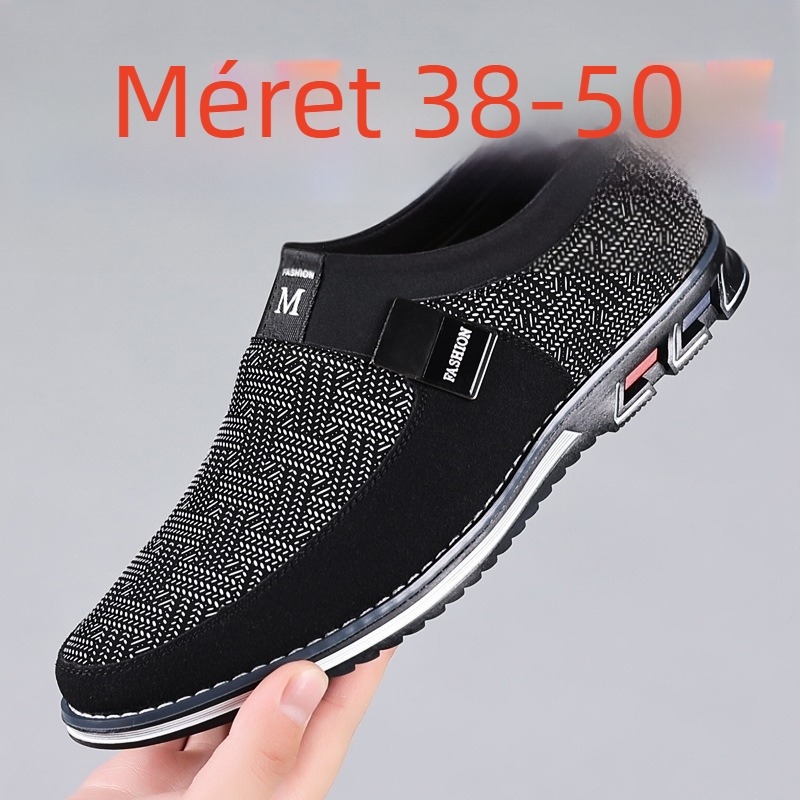 Férfi slip-on kültéri cipő pamut textile felsőrésszel, szabadidős stílus, puha talp.