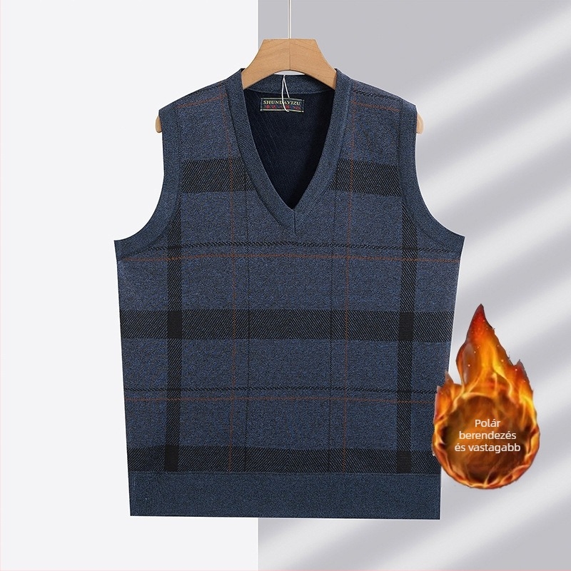 Kötött mellény V-nyakkal, fleece bélés, vastag téli dizájn, 100% poliészter anyag