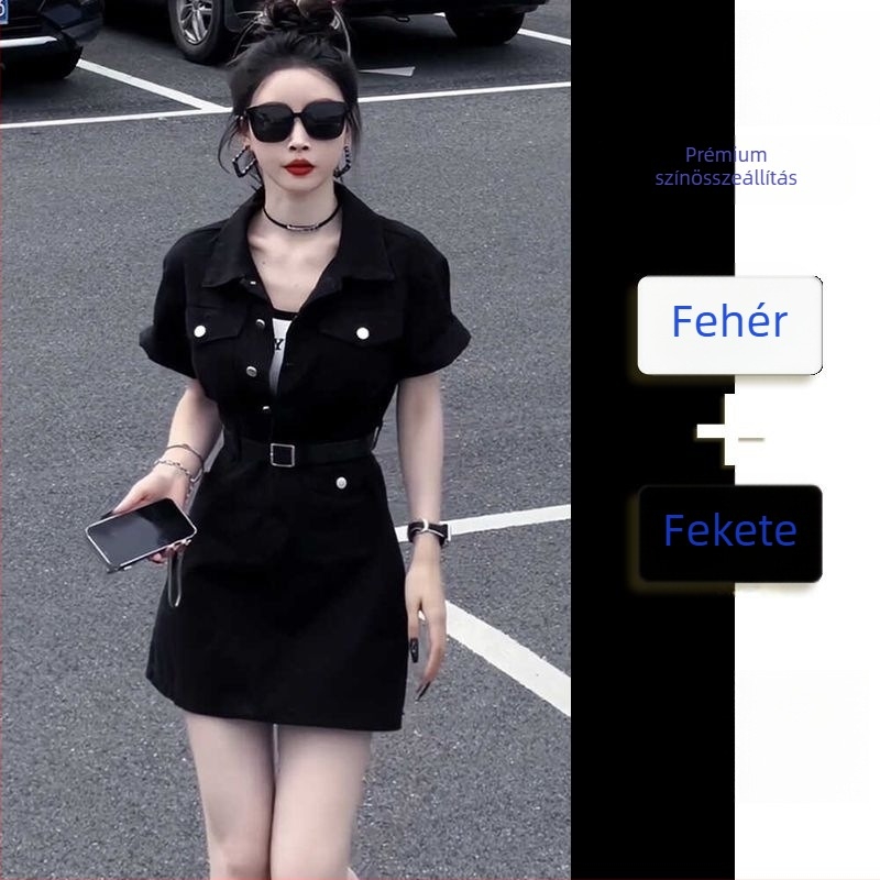Plusz méretű farmerruha koreai stílusban, több zsebbel, munkaruha-hatás, polo gallér, rövid ujjú, középmagas derék, nyári modell