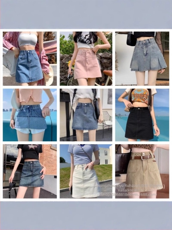 A-line magas derekú farmer miniszoknya, casual stílus; anyag: denim; összetétel: spandex 80-90% és regenerált cellulóz rost 80-90%; elasztikusság: mikro