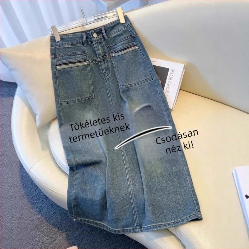 Retro denim midi szoknya nőknek, magas derekú, középméretű hossz, nyár 2026, A-vonalú fazon