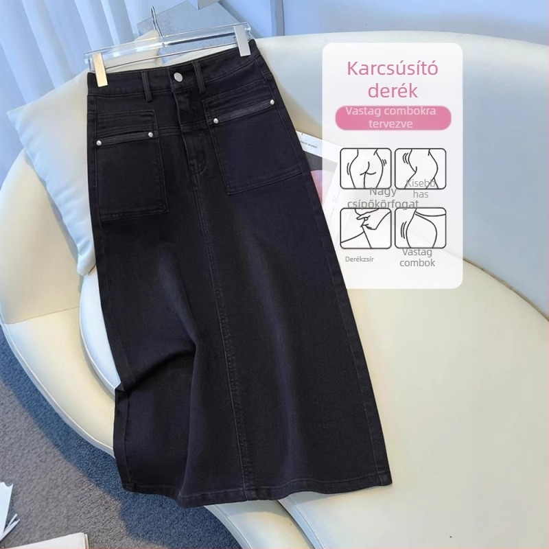 Retro denim midi szoknya nőknek, magas derekú, középméretű hossz, nyár 2026, A-vonalú fazon