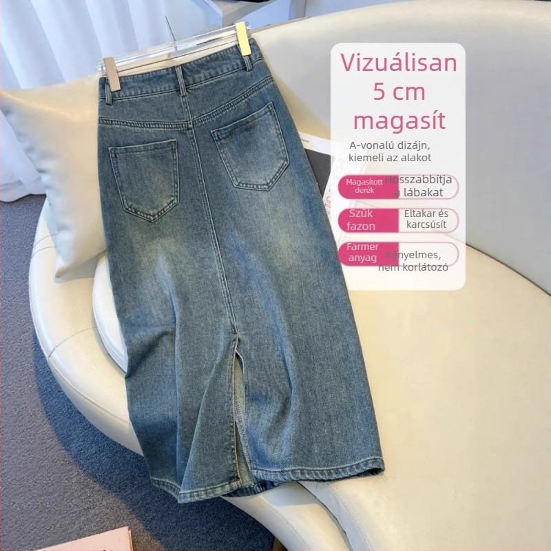 Retro denim midi szoknya nőknek, magas derekú, középméretű hossz, nyár 2026, A-vonalú fazon