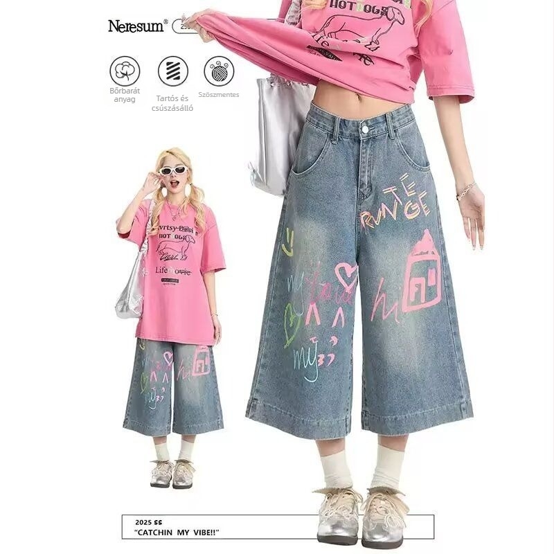 Denim nadrág, magas derekú, laza szabás, rövid szárú, 70-80% gyapot
