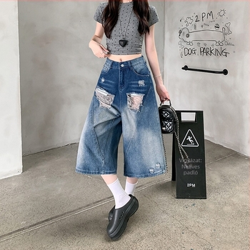 Denim cropped széles lábú farmer, distressed gradient mosás, magas derekú, street hipster