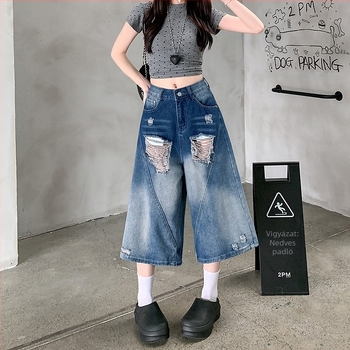 Denim cropped széles lábú farmer, distressed gradient mosás, magas derekú, street hipster