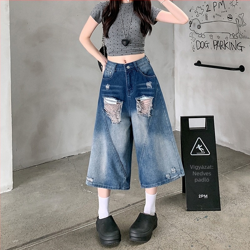 Denim cropped széles lábú farmer, distressed gradient mosás, magas derekú, street hipster