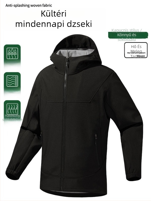 Soft shell kardigán kabát – vízálló, szélálló, lélegző, hőszigetelt, kapucnis; uniszex