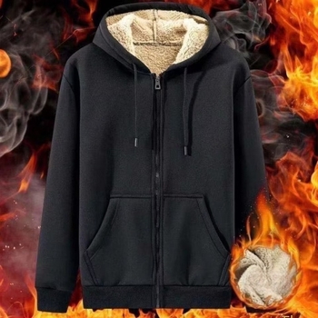 Férfi kapucnis pulóver fleece-béléssel, zipzárral záródó, poliészter-mix anyagból, laza szabás.