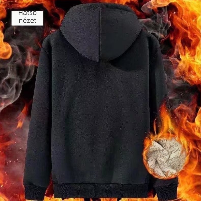 Férfi kapucnis pulóver fleece-béléssel, zipzárral záródó, poliészter-mix anyagból, laza szabás.