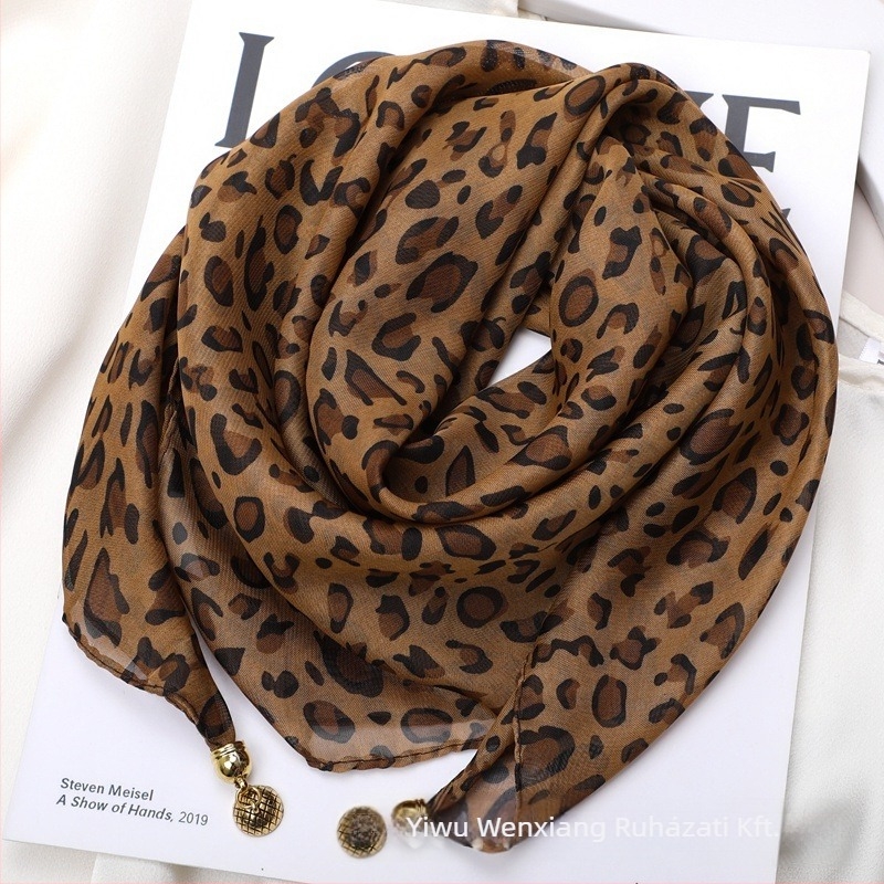 Női leopárdmintás chiffon kendő, négyzet alakú, tavaszi divat, poliészter chiffon
