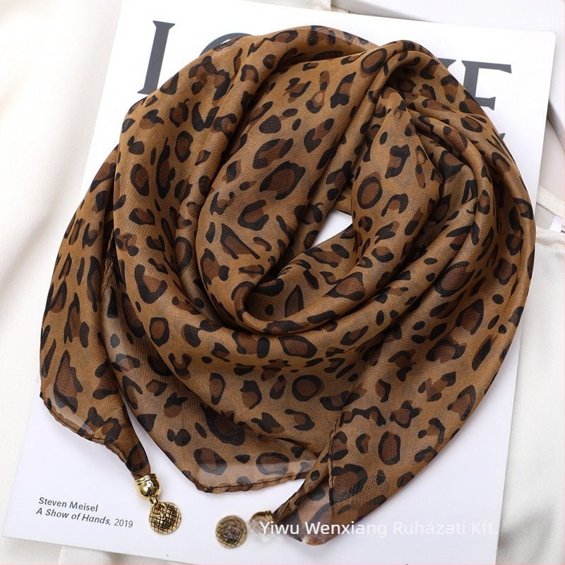 Női leopárdmintás chiffon kendő, négyzet alakú, tavaszi divat, poliészter chiffon