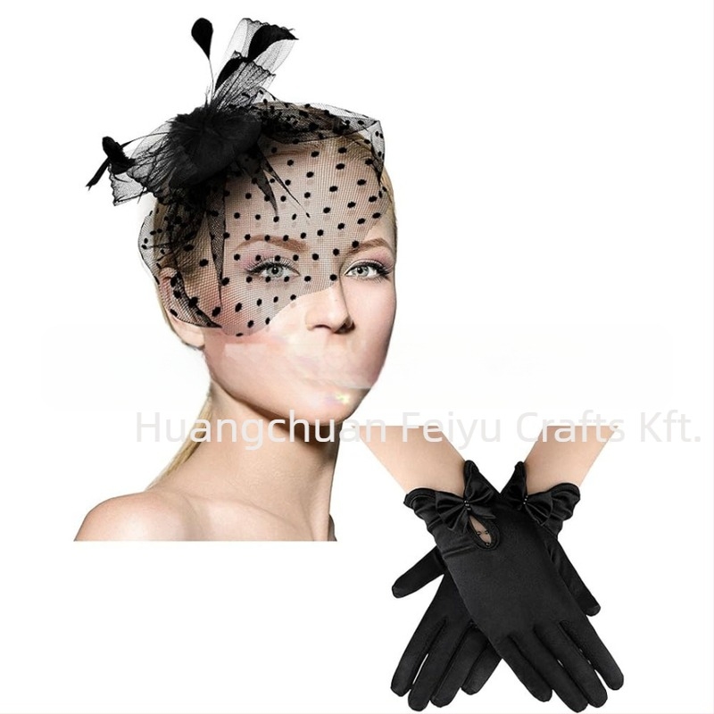 Hálós fejfedő készlet tollas díszítéssel és csipke kesztyűkkel — kézzel készített, WEN7-30 cikkszám, egyedi csomagolásban, nőknek