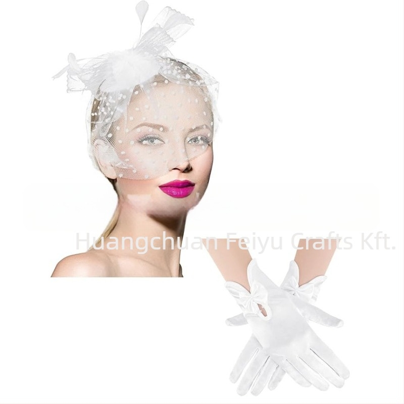Hálós fejfedő készlet tollas díszítéssel és csipke kesztyűkkel — kézzel készített, WEN7-30 cikkszám, egyedi csomagolásban, nőknek