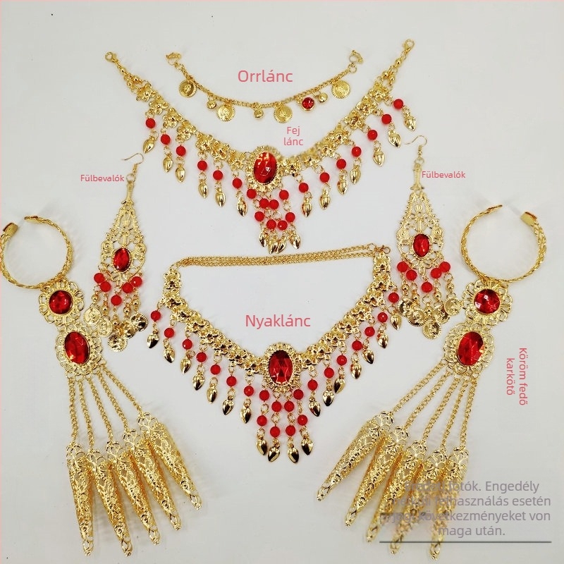 Etno-stílusú indiai tánc előadásához készült kiegészítő készlet: karkötő, nyaklánc, fülbevaló, fej-dísz és köröm szett