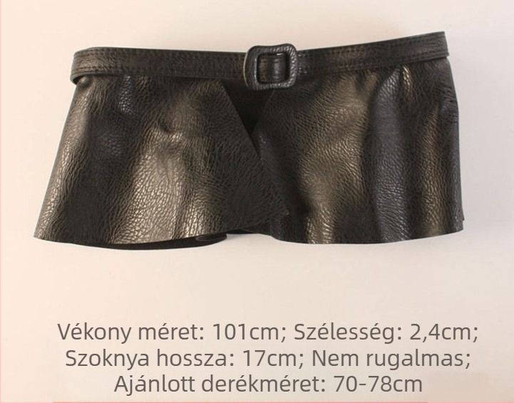 PU bőr szoknyaöv fodros éllel és a szoknya szegélyének díszítésével; ultra-széles kialakítás, sima csat, szélesség >4 cm, a csat ugyanabból az anyagból.