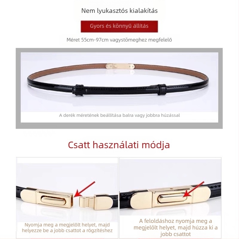 Női vékony bőr deréköv, sokoldalú és egyszerű dizájn (Anyag: valódi bőr; Bőr típusa: első osztályú marhabőr; Csatt: ötvözet; Zárás: csat; Sezon: 2024 nyár; Stílus: sokoldalú, egyszerű)