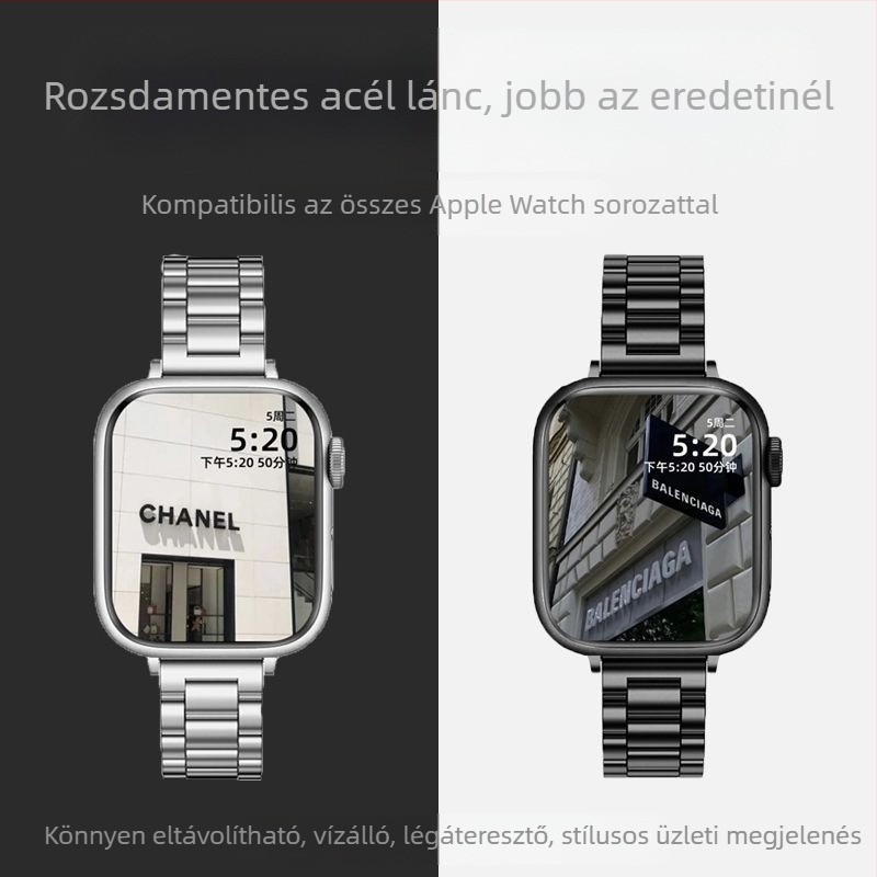 Rozsdamentes acél Apple Watch-hoz szíj, három gyöngyös dizájnal, Starlight színben, divatos és tartós