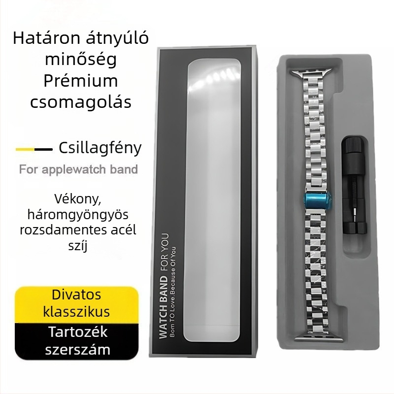 Rozsdamentes acél Apple Watch-hoz szíj, három gyöngyös dizájnal, Starlight színben, divatos és tartós