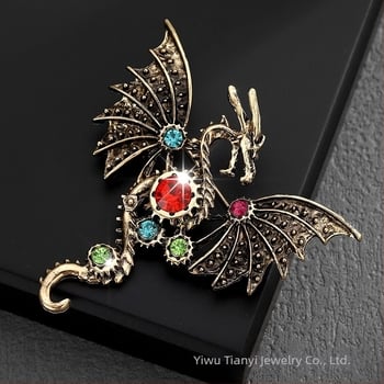 Ötvözetből készült bross, gyémántokkal kirakott, repülő sárkányos rajzfilm motívum, uniszex, divatos kiegészítő
