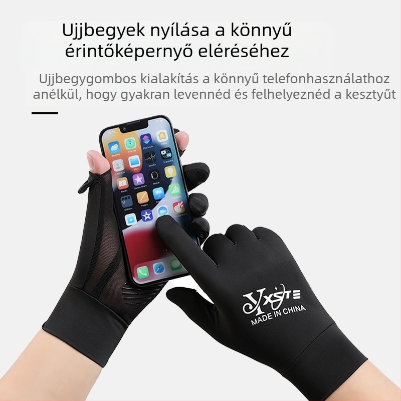 Férfi napvédő kesztyű – nyári vékony, csúszásmentes, UV-védelem, gyorsan száradó, légáteresztő, érintőképernyő-kompatibilis; Ice Silk poliészter Spandex-szel
