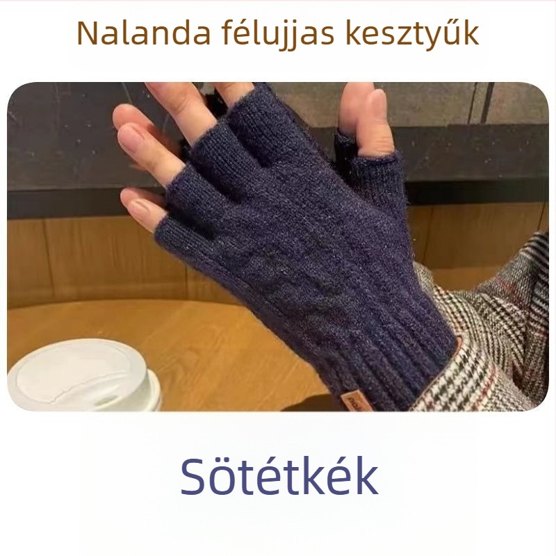Félujjas kötött kesztyű – érintőképernyő-kompatibilis, meleg, szélálló, jacquard mintázat, egyszínű, téli, uniszex