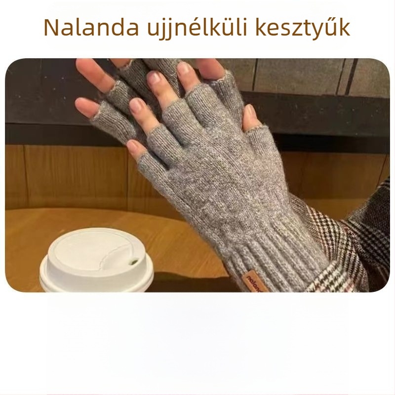 Félujjas kötött kesztyű – érintőképernyő-kompatibilis, meleg, szélálló, jacquard mintázat, egyszínű, téli, uniszex