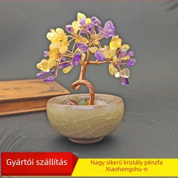 Kristály pénzfa asztali dísz, citrin kristályból, Fa az Élet Fája, kézzel készített, kínai stílus