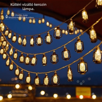 Kültéri kemping retro LED lámpa füzér, sátor dekoráció, hangulatos világítás, színes fények, napelemes működés