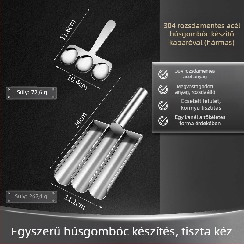 Wogang 3 részes, 304 rozsdamentes acélból készült húsgombóc-készítő készlet otthoni használatra; formák halgombóchoz, garnéla-gombóchoz és rizsgombócokhoz; modern, minimalist design; piacra került 2023-ban