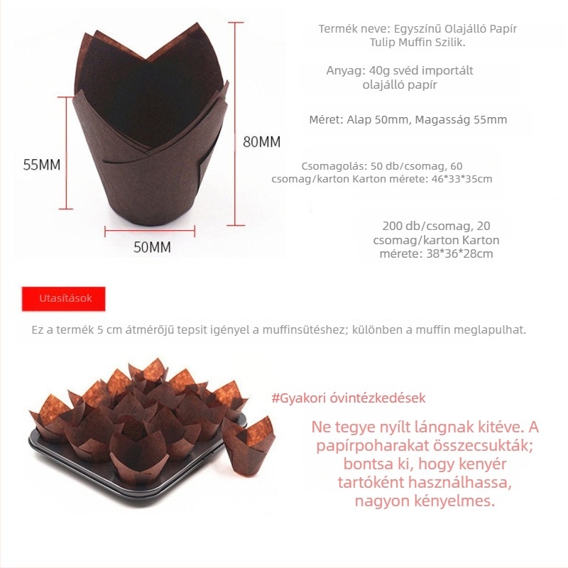 LIFETALK Tulip formájú sütőpapír muffin kapszlik, zsírtaszító, magas hőmérséklet-álló, 40 g/m², 200 db