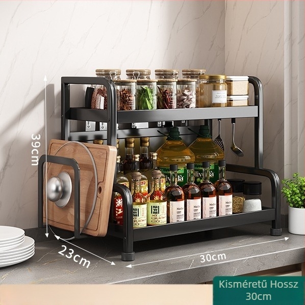 Fűszertartó polc kés- és pálcika tartóval, konyhapulton, szénacélból, többrészes, lyukmentes kialakítás, modern minimalista stílus