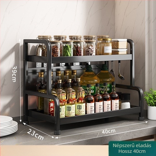 Fűszertartó polc kés- és pálcika tartóval, konyhapulton, szénacélból, többrészes, lyukmentes kialakítás, modern minimalista stílus