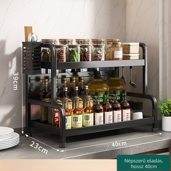 Fűszertartó polc kés- és pálcika tartóval, konyhapulton, szénacélból, többrészes, lyukmentes kialakítás, modern minimalista stílus