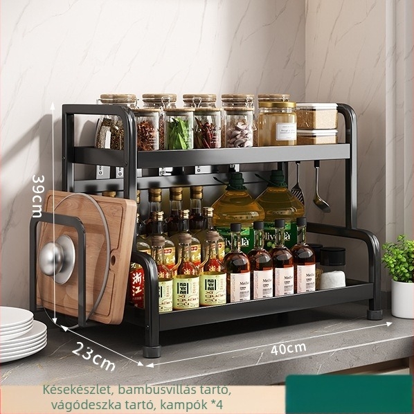 Fűszertartó polc kés- és pálcika tartóval, konyhapulton, szénacélból, többrészes, lyukmentes kialakítás, modern minimalista stílus