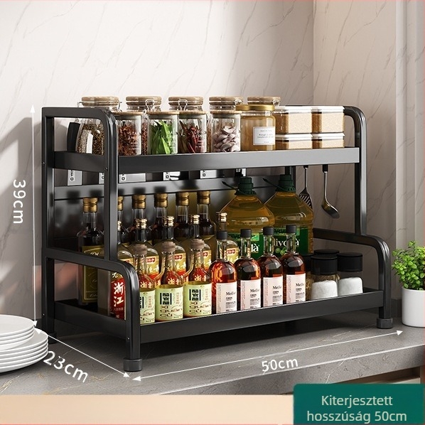 Fűszertartó polc kés- és pálcika tartóval, konyhapulton, szénacélból, többrészes, lyukmentes kialakítás, modern minimalista stílus