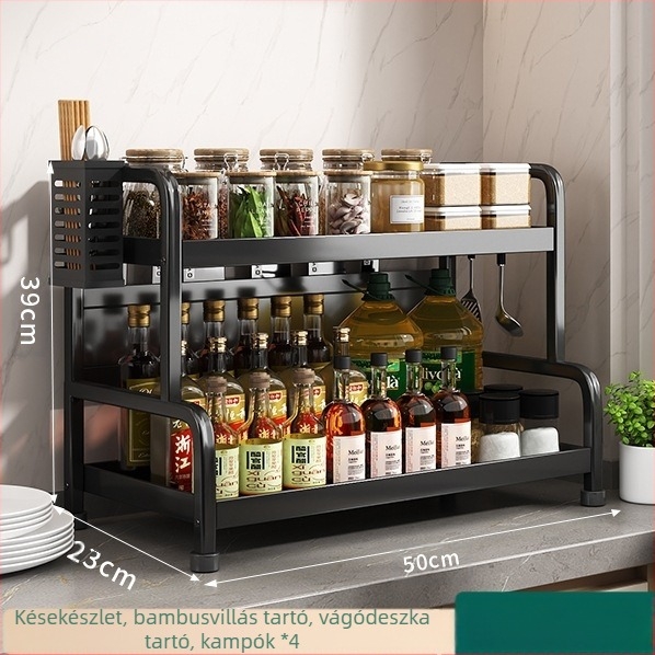 Fűszertartó polc kés- és pálcika tartóval, konyhapulton, szénacélból, többrészes, lyukmentes kialakítás, modern minimalista stílus