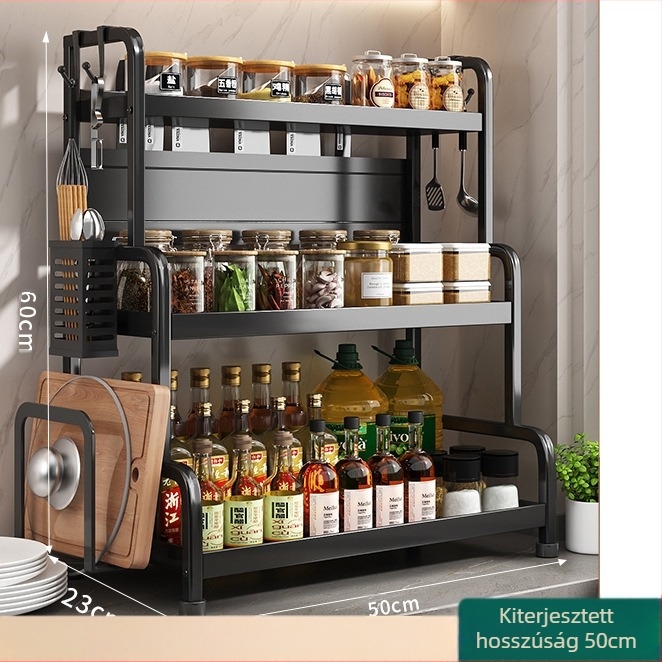Fűszertartó polc kés- és pálcika tartóval, konyhapulton, szénacélból, többrészes, lyukmentes kialakítás, modern minimalista stílus