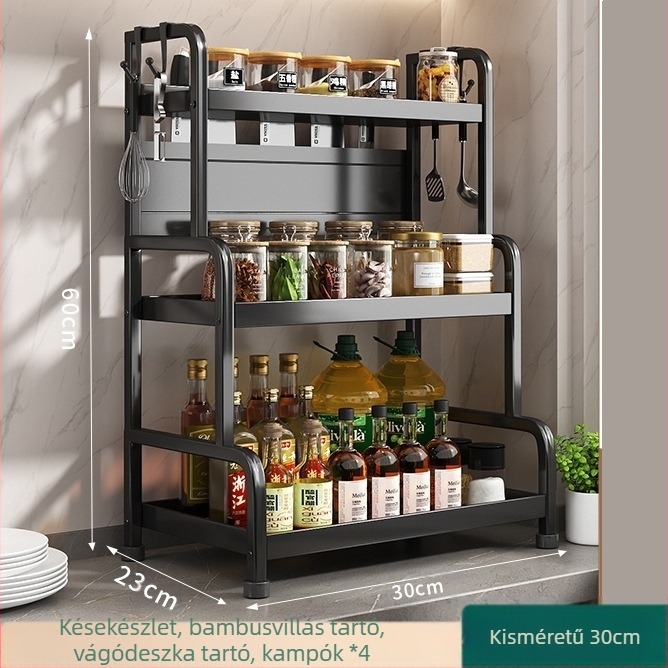 Fűszertartó polc kés- és pálcika tartóval, konyhapulton, szénacélból, többrészes, lyukmentes kialakítás, modern minimalista stílus