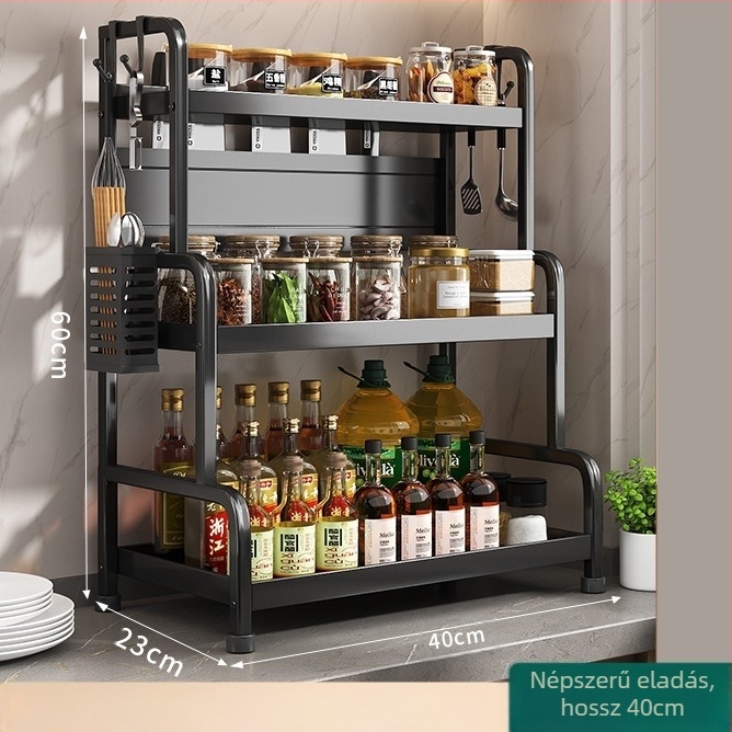 Fűszertartó polc kés- és pálcika tartóval, konyhapulton, szénacélból, többrészes, lyukmentes kialakítás, modern minimalista stílus