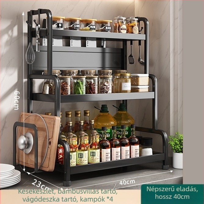 Fűszertartó polc kés- és pálcika tartóval, konyhapulton, szénacélból, többrészes, lyukmentes kialakítás, modern minimalista stílus