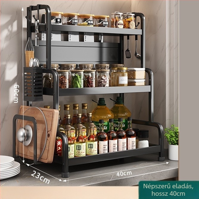 Fűszertartó polc kés- és pálcika tartóval, konyhapulton, szénacélból, többrészes, lyukmentes kialakítás, modern minimalista stílus