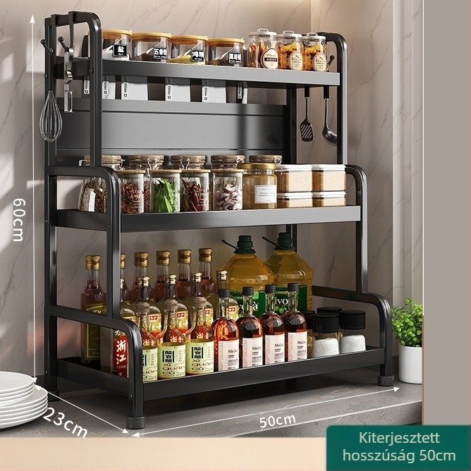 Fűszertartó polc kés- és pálcika tartóval, konyhapulton, szénacélból, többrészes, lyukmentes kialakítás, modern minimalista stílus
