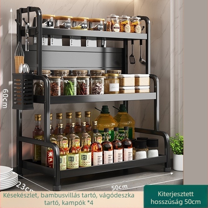 Fűszertartó polc kés- és pálcika tartóval, konyhapulton, szénacélból, többrészes, lyukmentes kialakítás, modern minimalista stílus